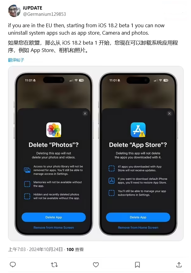 和乐镇苹果手机维修分享iOS 18.2 支持删除 App Store 应用商店 