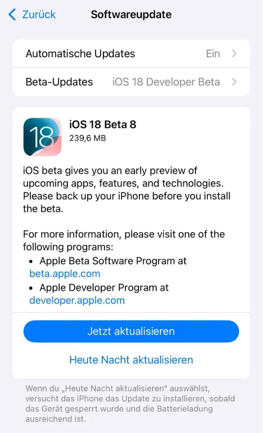 和乐镇苹果手机维修分享苹果 iOS / iPadOS 18 开发者预览版 Beta 8 发布 